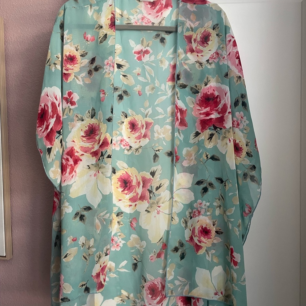 Emory Park Floral Kimono - Teal and Pink